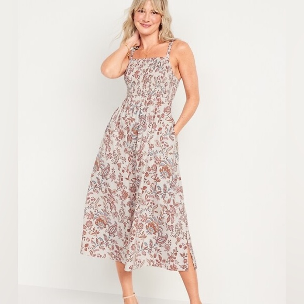 Old Navy Floral Smocked Midi Dress - Cream and Brown
